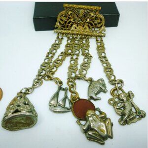 UNIQUE VINTAGE ANTIQUE LEO GLASS CREST CHATELAINE BRONZE PIN BROOCH CHARMS